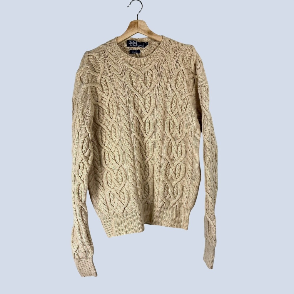 Vtg 90s Polo Ralph Lauren Hand Knit Wool Silk Cable Sweater Men XL Fisherman